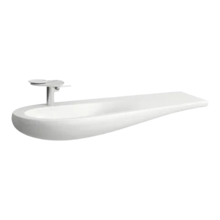 LAVABO MURAL OU À POSER SUR MEUBLE, TABLETTE À DROITE, AVEC TROP-PLEIN CACHE, AVEC CACHE-BONDE EN CÉRAMIQUE