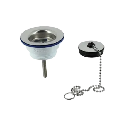 BONDE DE LAVABO PLASTIQUE BLANC, À JOINTS INTÉGRÉS À BOUCHON CHAINETTE